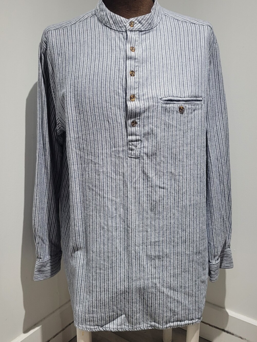 Lee Valley Ireland Mens Cotton Striped Mandarin Collar Grandfather Shirt XL Blue